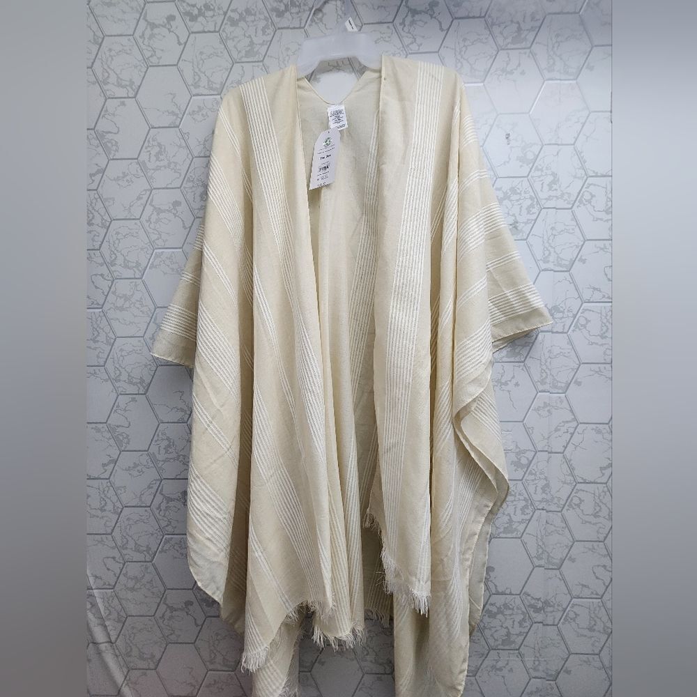 Nwt Women's Layering Kimono Sun Cover Poncho Fringed Stripe Ruana, One Size